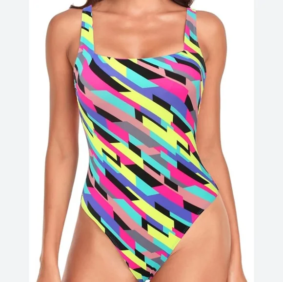Relleciga One Piece Swimsuit Color Block Geometric Neon Stripe Bodysuit NWT - Picture 3 of 14
